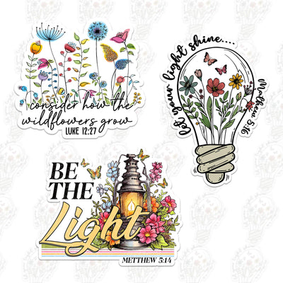 3PCS - Let Your Light Shine Matthew 5:16 - Consider How The Wildflowers Grow Luke - Be The Light Matthew 5:14 Christian Faith Bible Verse Waterproof Vinyl Sticker for Laptop Water Bottle (3Inches)