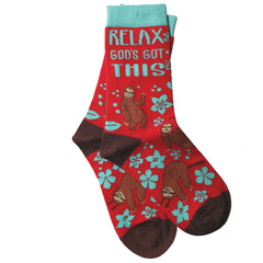 Kerusso Relax Gods Got This Sloth Bright Red Blue and Brown One Size Fits Most Novelty Christian Faith Message Socks