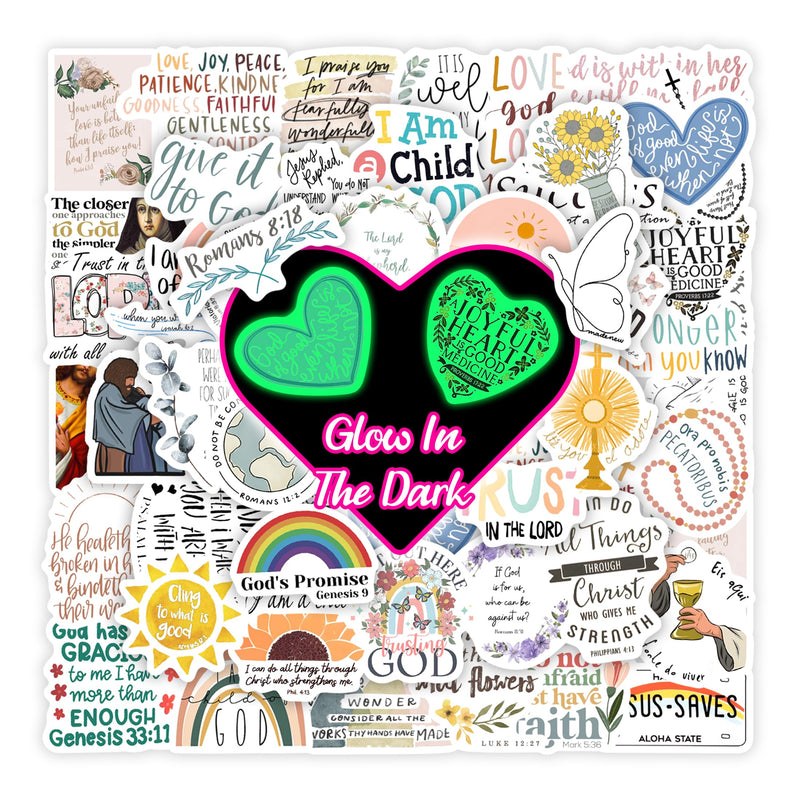 52 Pcs Inspirational Christian Stickers Glow in The Dark Bible Verse Faith Water Bottle Sticker for Teens Jesus Motivational Waterproof Skateboard Laptop Decals for Adults Kids Girls Boys