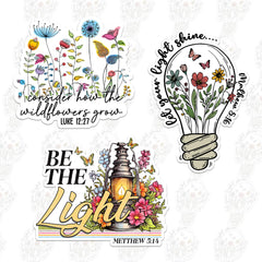 3PCS - Let Your Light Shine Matthew 5:16 - Consider How The Wildflowers Grow Luke - Be The Light Matthew 5:14 Christian Faith Bible Verse Waterproof Vinyl Sticker for Laptop Water Bottle (3Inches)