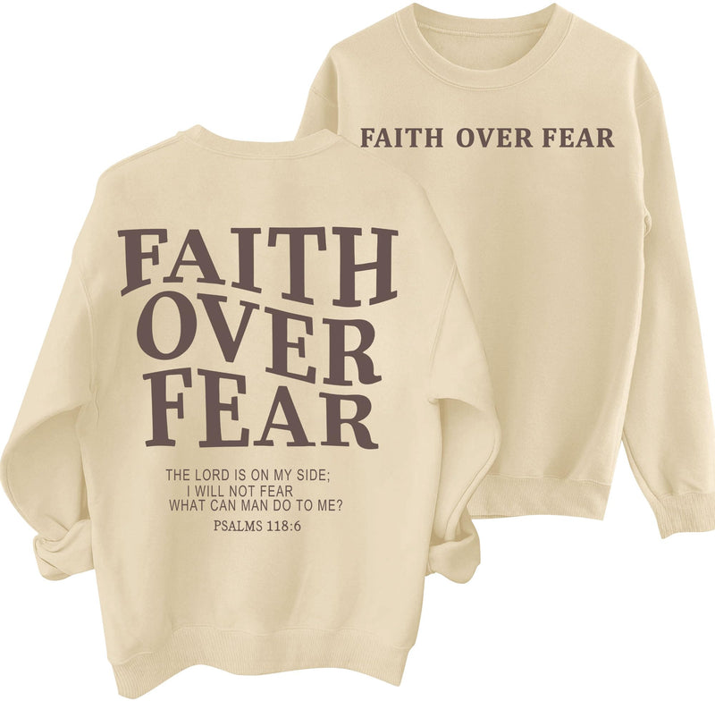 QAUN Christian Sweatshirt Women: Faith Over Fear Tshirt Religious Sayings Sweatshrit Jesus Long Sleeve Pullover Tops(Apricot Large)