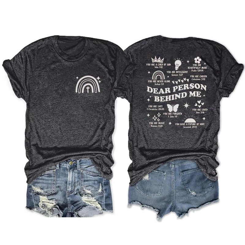 Dear Person Behind Me Tshirt Faith Letter Print Christian T-Shirt Women Casual Religious Graphic Tee Tops Grey